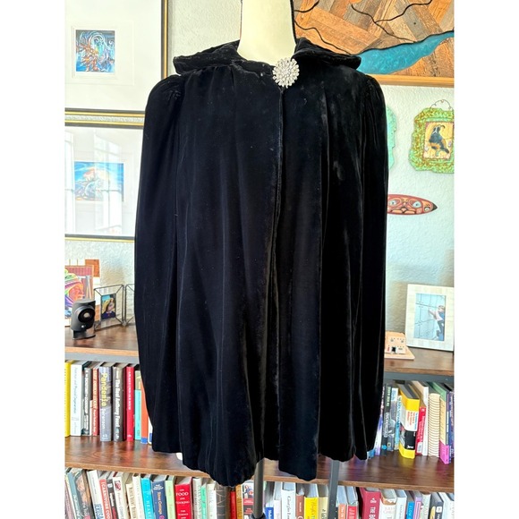 Vintage 1930s Black Velvet Hooded Opera CapeGothic Cloak